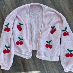 Cherry appliqué pink Cardigan Sweater L